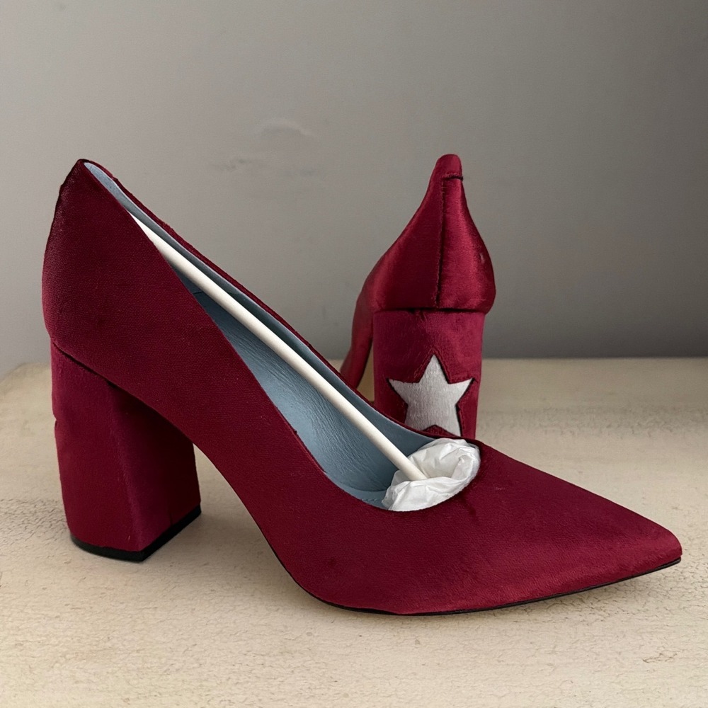 Chiara Ferragni Burgundy Velvet Star Block Heel Pointed Toe Pumps Size 41 Italy